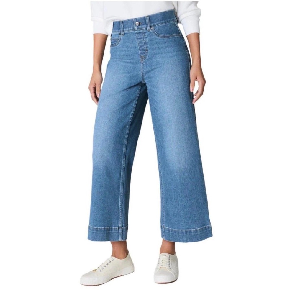 NWT Spanx | Wide Leg Crop Jeans XL Blue Pull On Stretch Denim